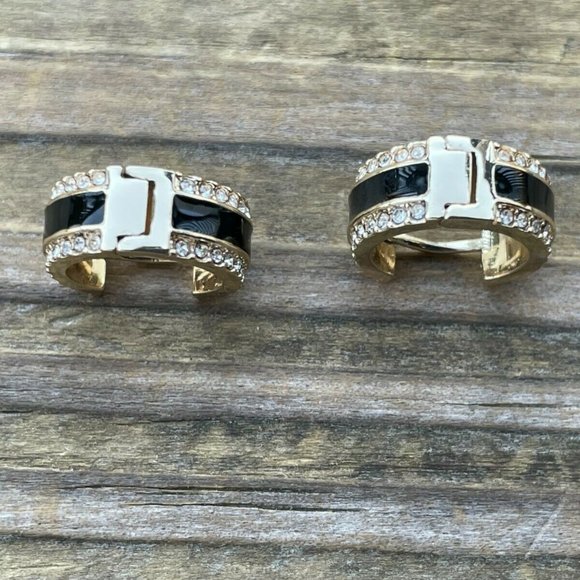 DKNY Women Earrings GoldBlack Tone Crystal Accent Hinge Ladies Ear Jewelry New - Picture 8 of 12